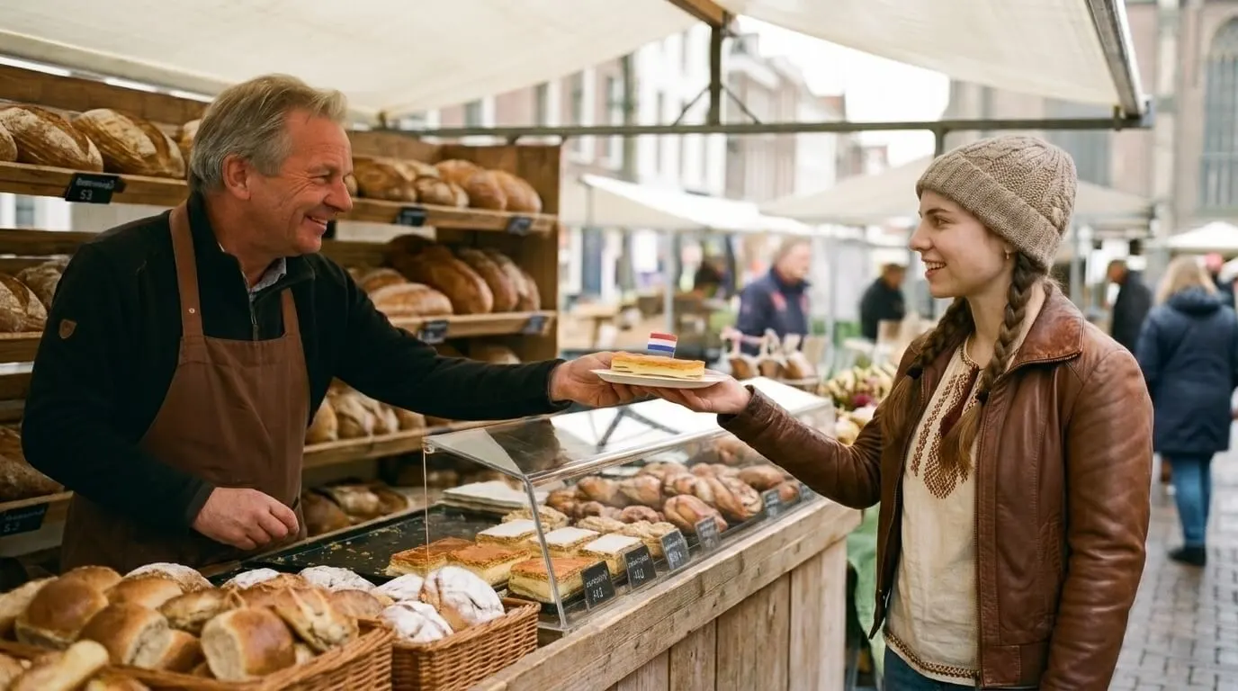 A young woman buying a tompouce from a friendly baker at a Haarlem market stall.